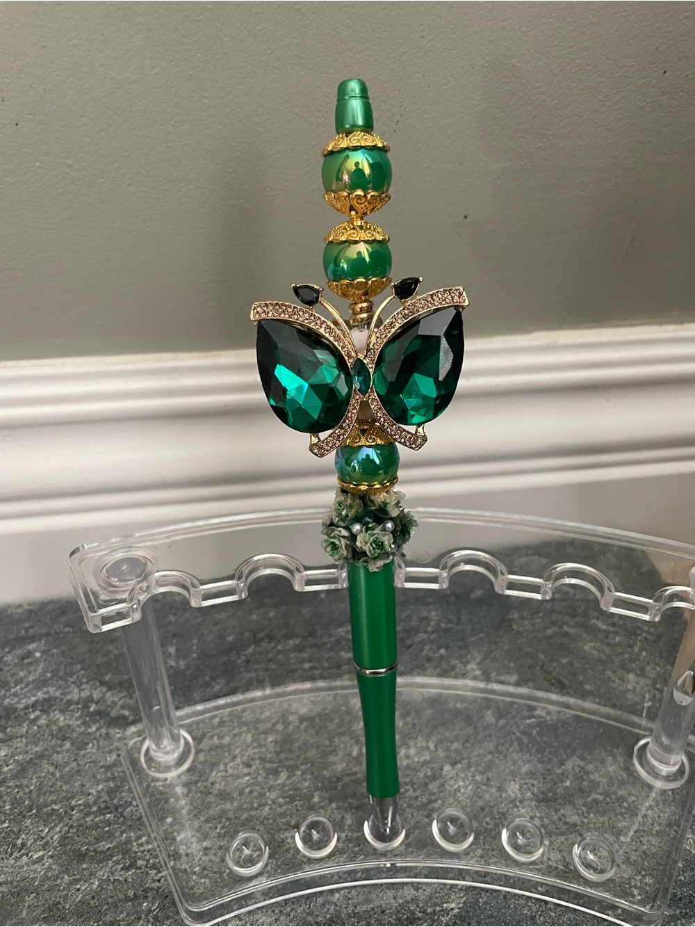 Handmade Emerald Green Butterfly Jeweled Pen